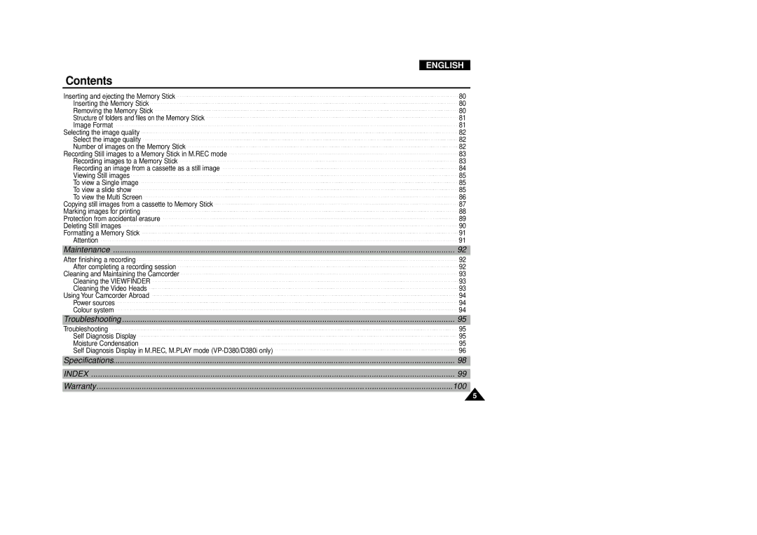 Samsung VP-D340, VP-D380 manual Index 