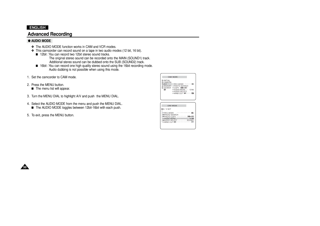 Samsung VP-D380, VP-D340 manual Audio Mode 