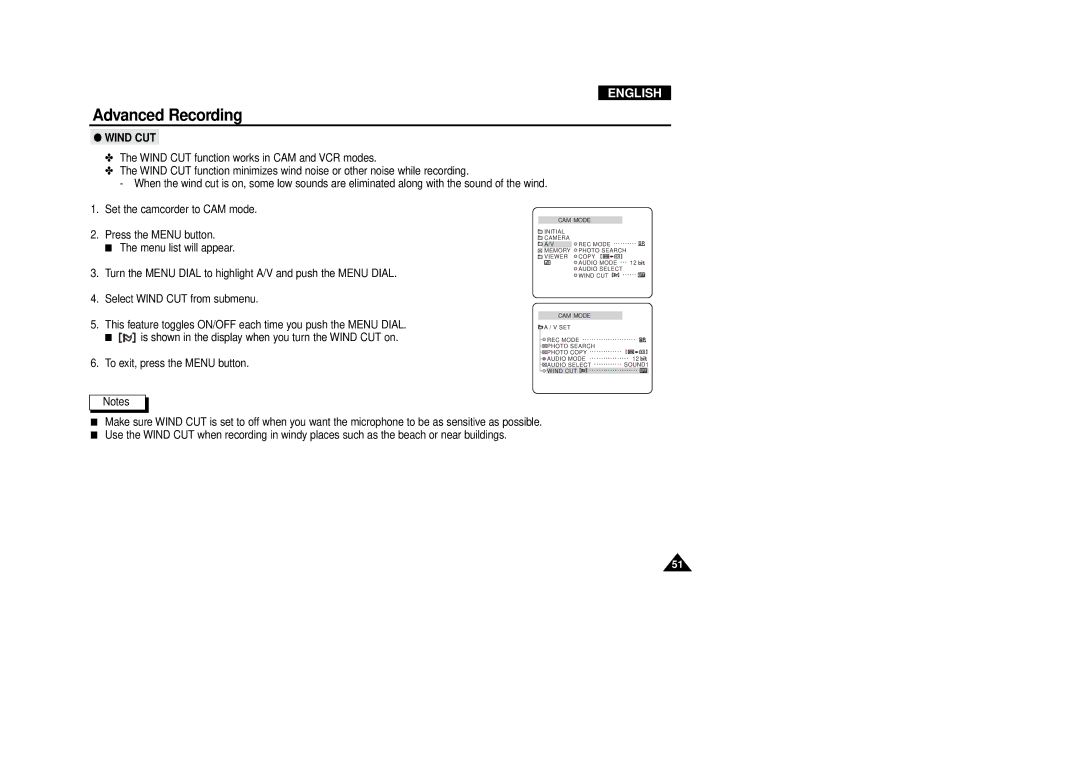 Samsung VP-D340, VP-D380 manual Wind CUT 