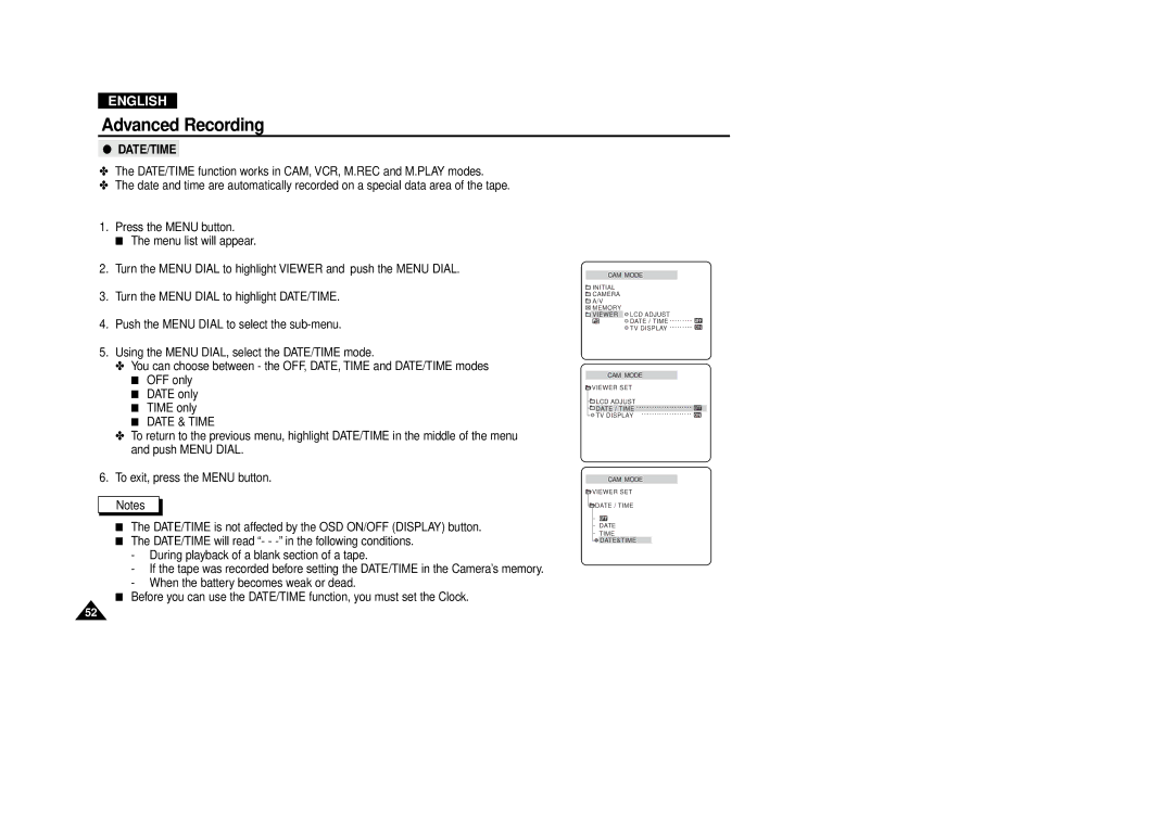 Samsung VP-D380, VP-D340 manual Date/Time, Date & Time 