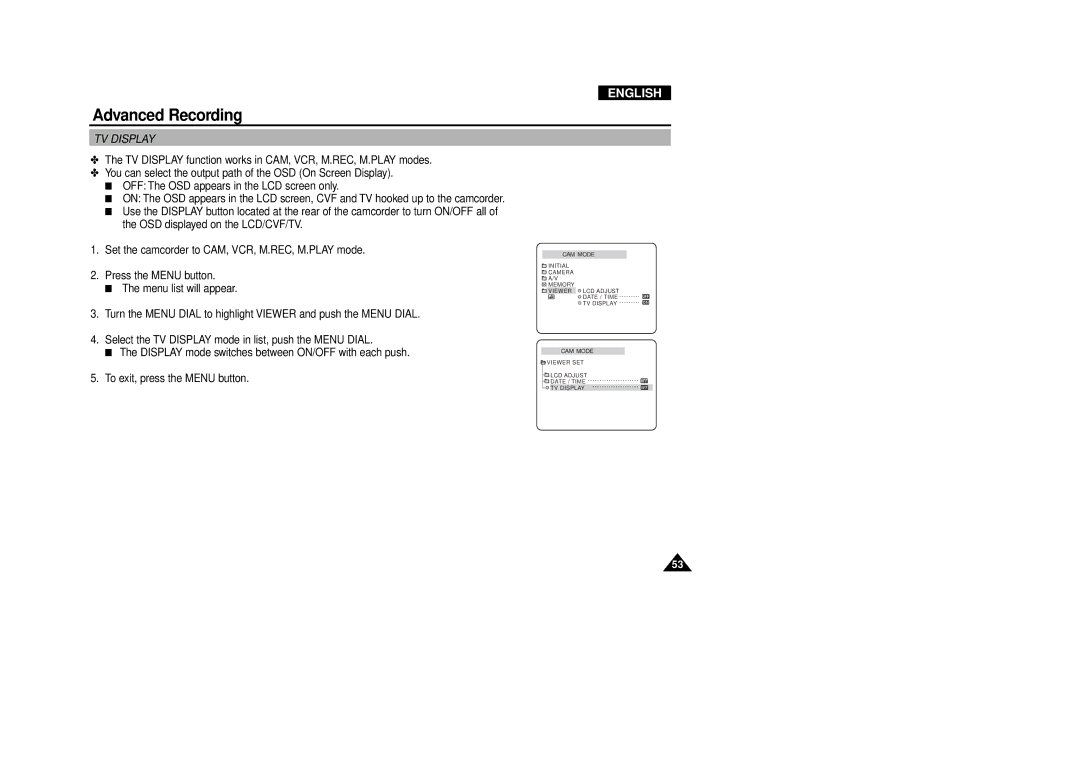 Samsung VP-D340, VP-D380 manual TV Display 