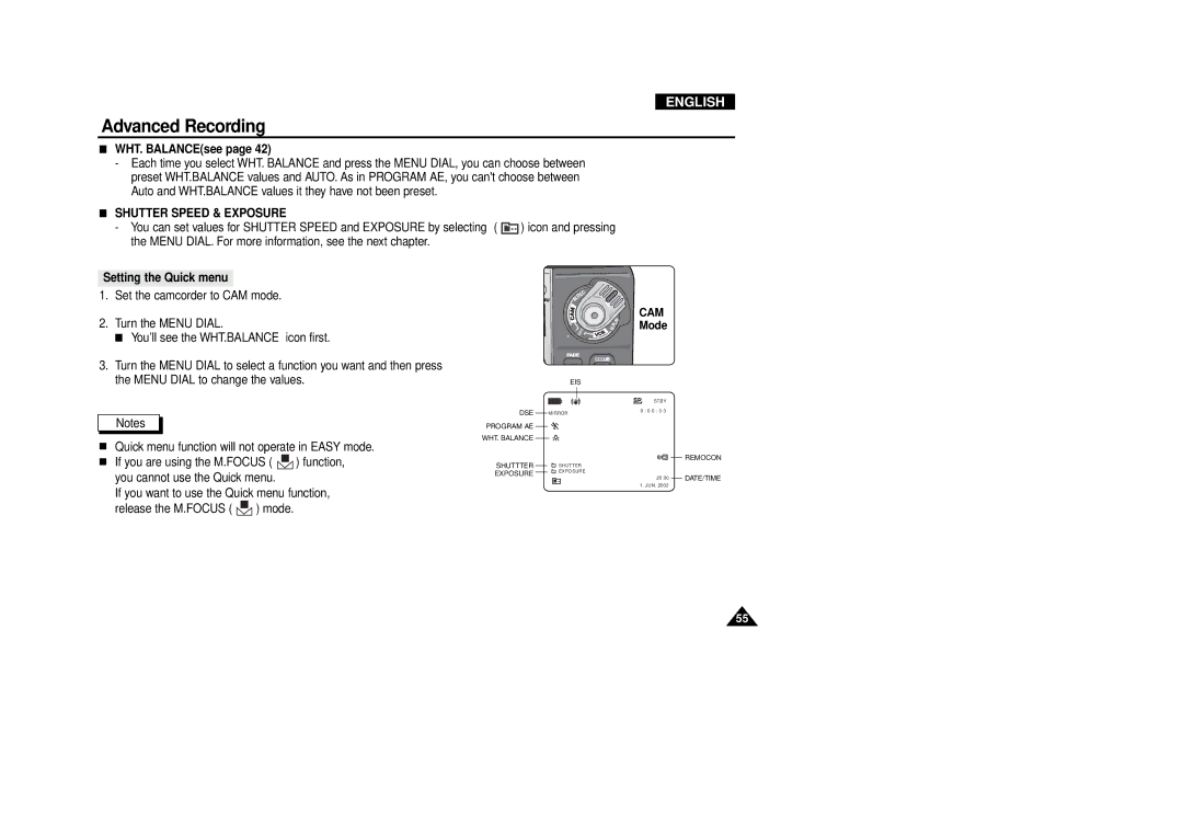 Samsung VP-D340, VP-D380 manual WHT. BALANCEsee, Shutter Speed & Exposure, Setting the Quick menu 