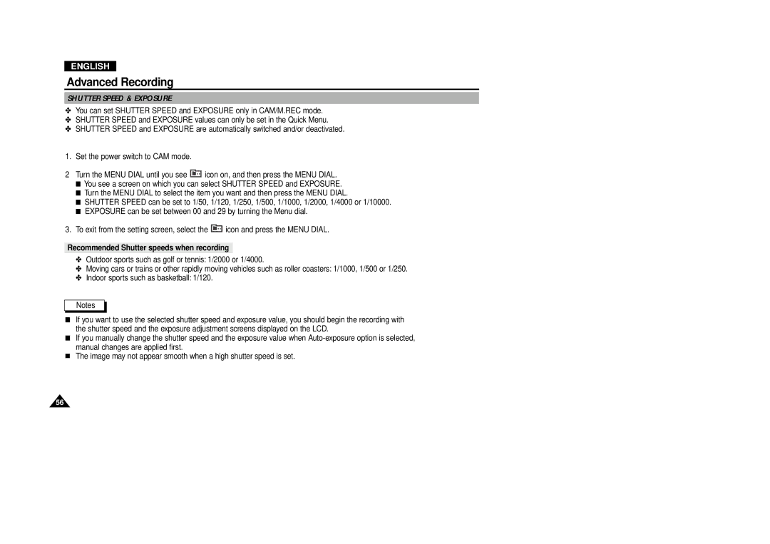 Samsung VP-D380, VP-D340 manual Shutter Speed & Exposure, Recommended Shutter speeds when recording 