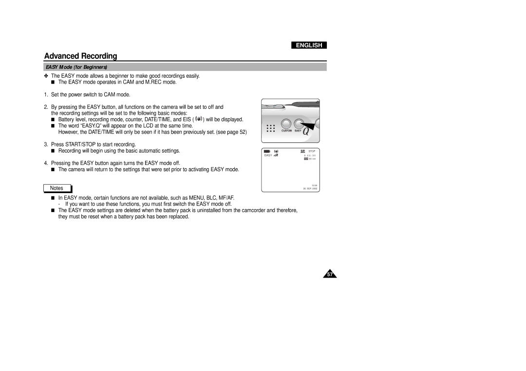 Samsung VP-D340, VP-D380 manual Easy Mode for Beginners 