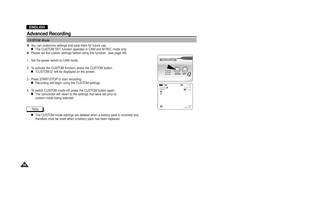 Samsung VP-D380, VP-D340 manual Custom Mode 