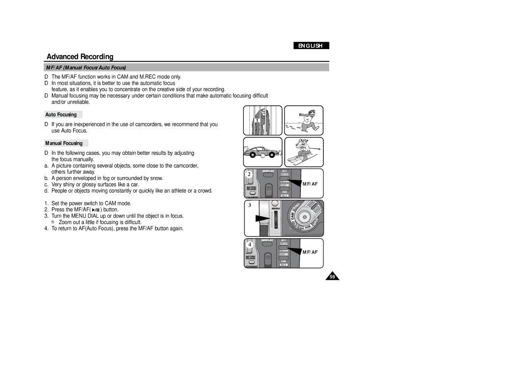 Samsung VP-D340, VP-D380 manual MF/AF Manual Focus/Auto Focus, Auto Focusing, Manual Focusing 