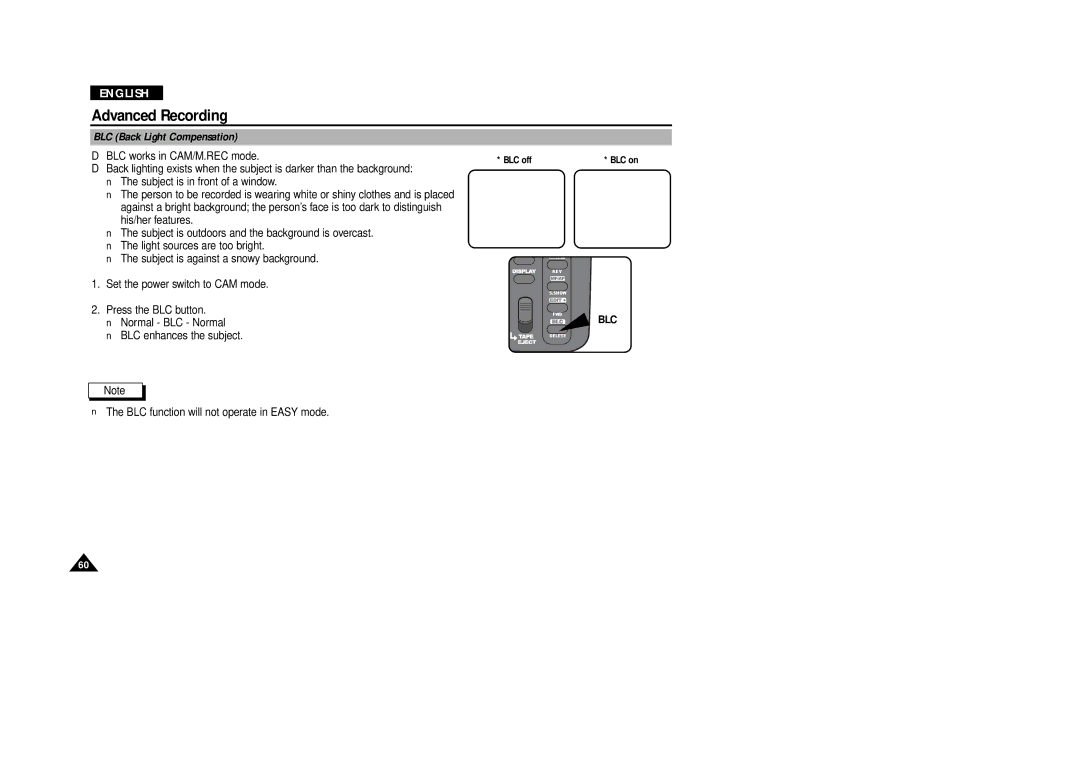 Samsung VP-D380, VP-D340 manual BLC Back Light Compensation 