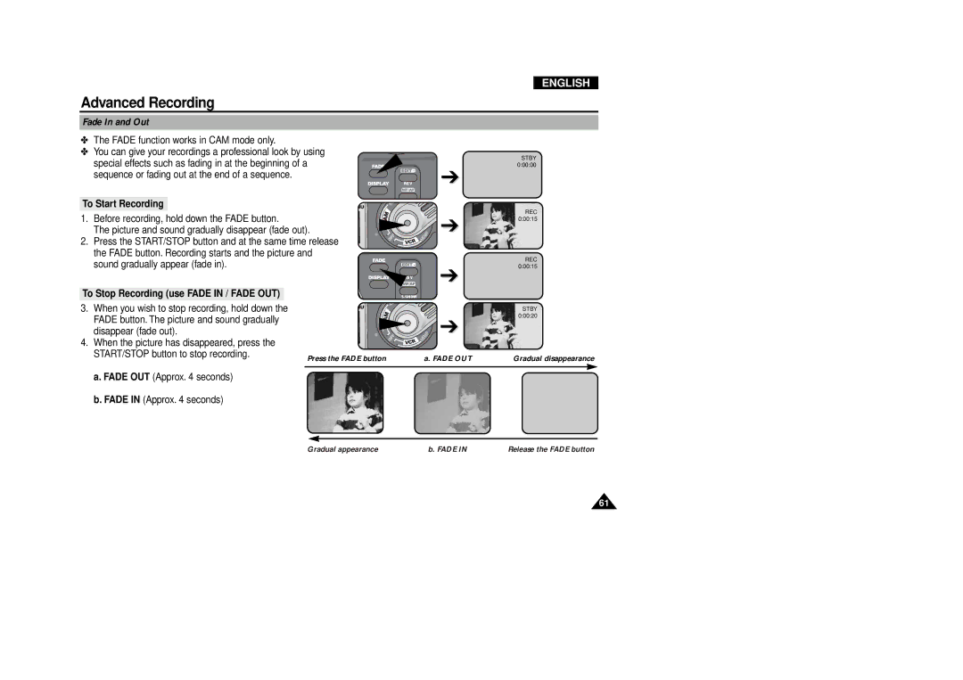 Samsung VP-D340, VP-D380 manual Fade In and Out, To Start Recording, To Stop Recording use Fade in / Fade OUT 