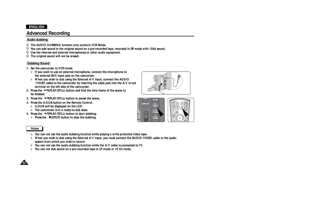 Samsung VP-D380, VP-D340 manual Audio dubbing, Dubbing Sound 