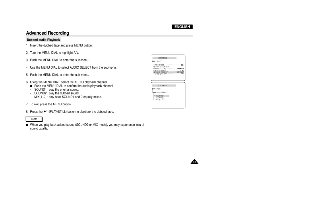 Samsung VP-D340, VP-D380 manual Dubbed audio Playback 