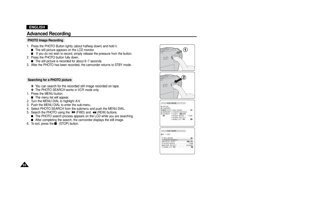 Samsung VP-D380, VP-D340 manual Photo Image Recording, Searching for a Photo picture 