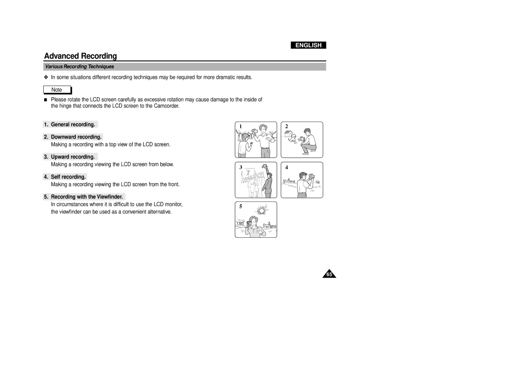 Samsung VP-D340 manual Various Recording Techniques, General recording Downward recording, Upward recording, Self recording 