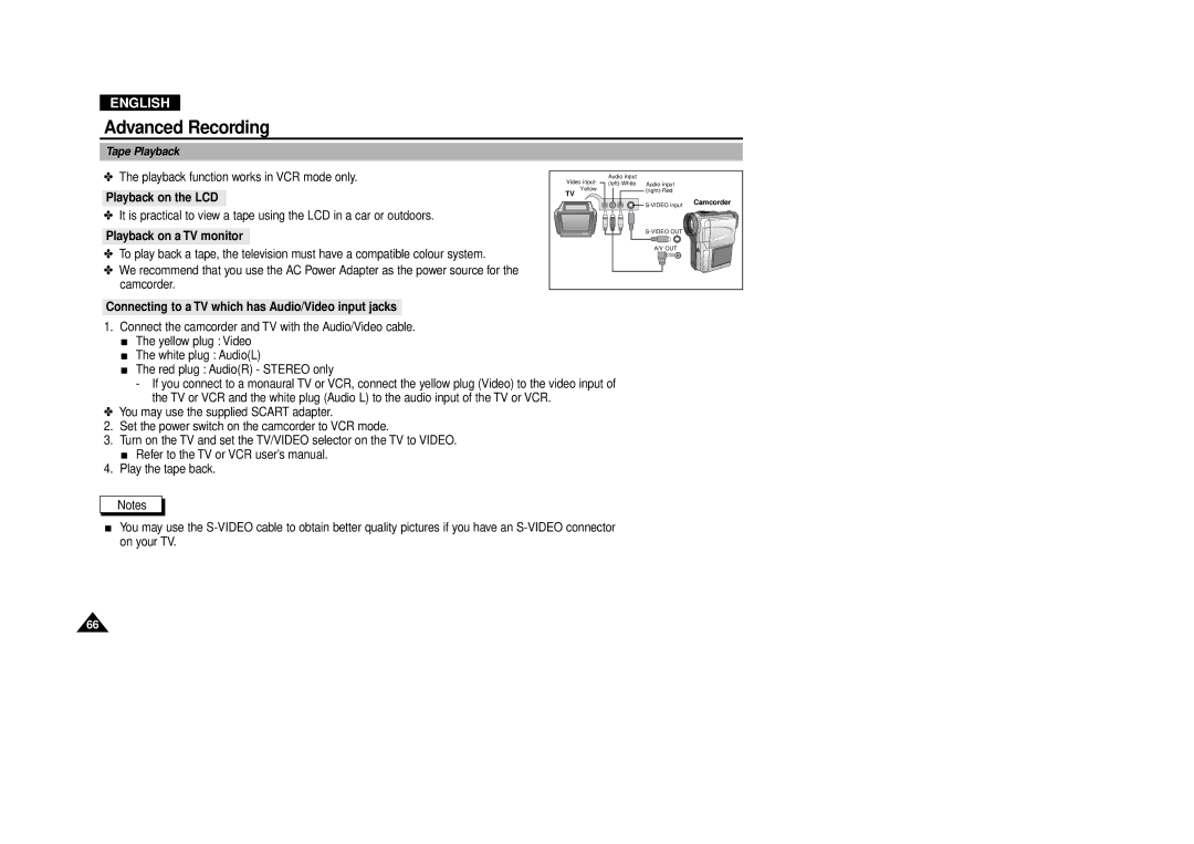 Samsung VP-D380, VP-D340 manual Tape Playback, Playback on the LCD, Playback on a TV monitor 