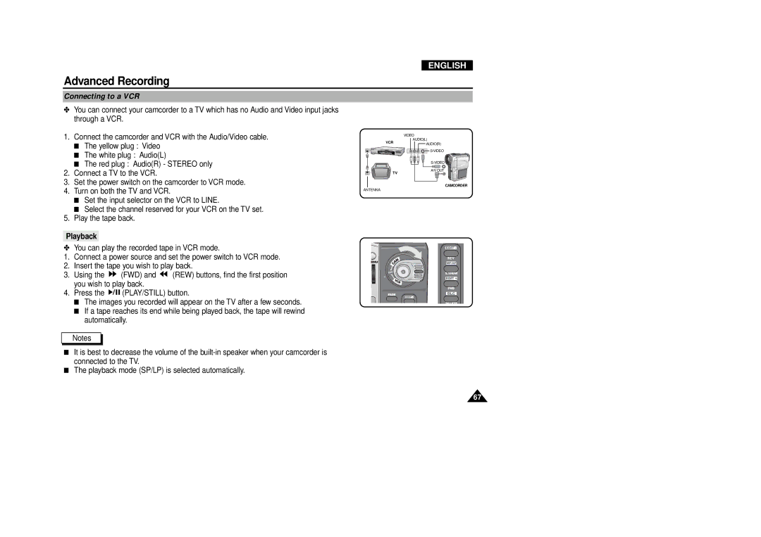 Samsung VP-D340, VP-D380 manual Connecting to a VCR, Playback 