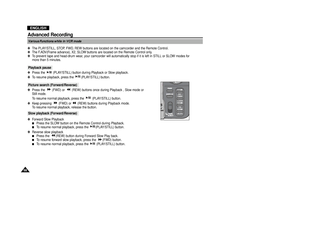 Samsung VP-D380, VP-D340 manual Various Functions while in VCR mode, Playback pause, Picture search Forward/Reverse 