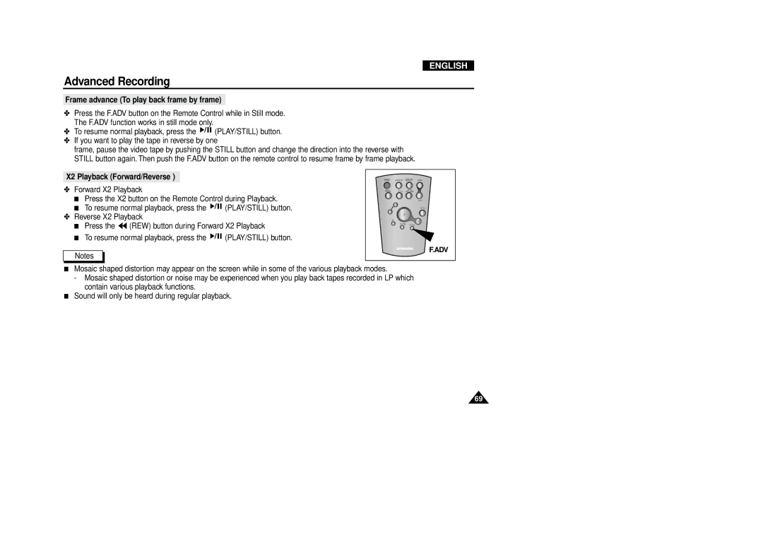 Samsung VP-D340, VP-D380 manual Frame advance To play back frame by frame, X2 Playback Forward/Reverse, Adv 