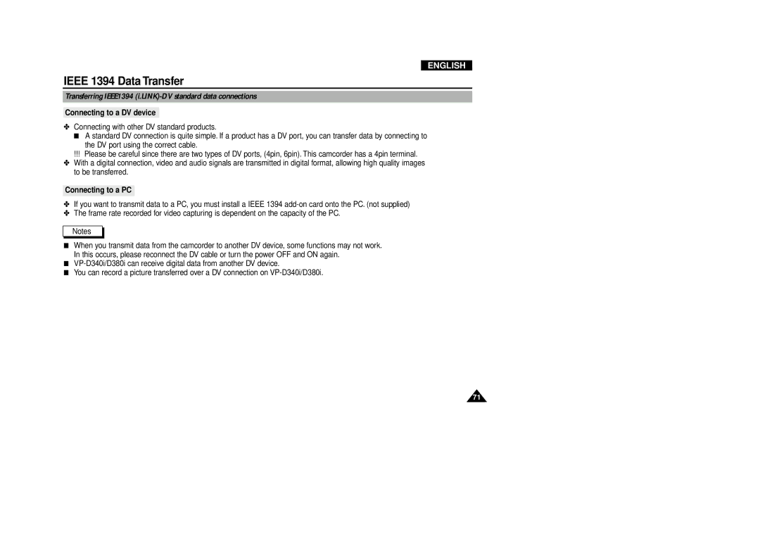 Samsung VP-D340 Ieee 1394 Data Transfer, Transferring IEEE1394 i.LINK-DV standard data connections, Connecting to a PC 