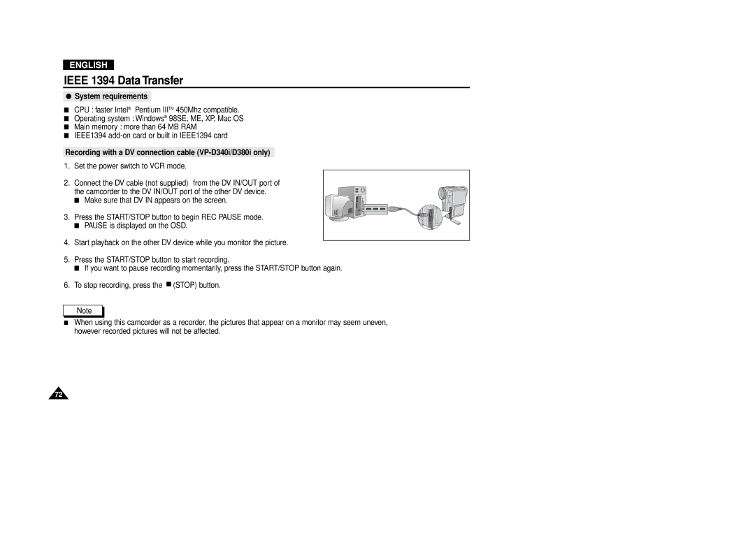 Samsung VP-D380 manual System requirements, Recording with a DV connection cable VP-D340i/D380i only 