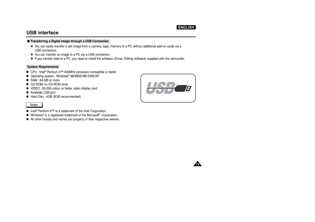 Samsung VP-D340, VP-D380 manual USB interface, Transferring a Digital Image through a USB Connection 