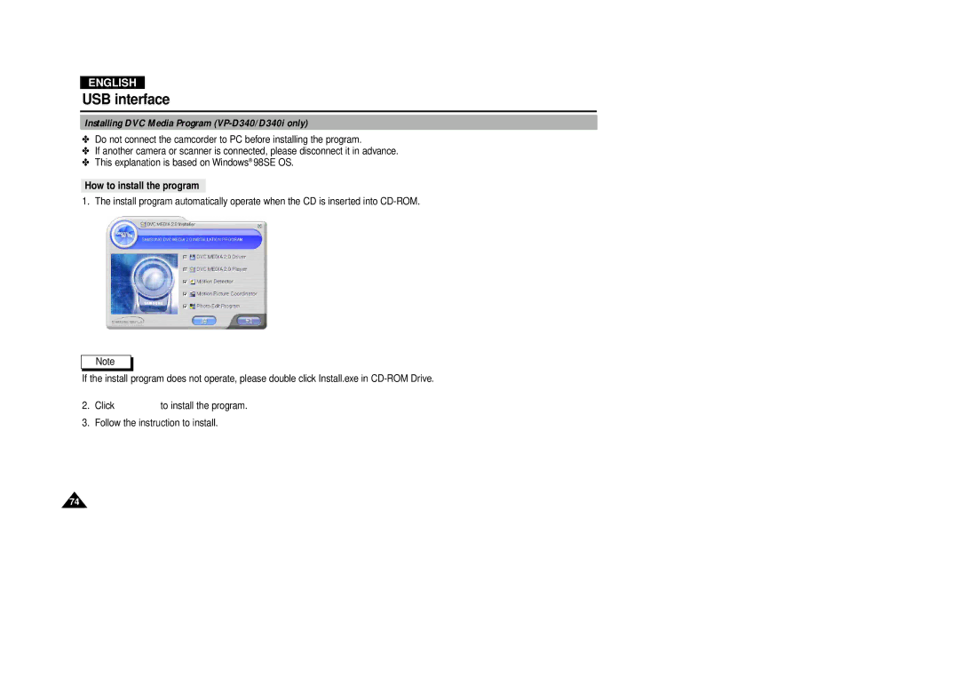 Samsung VP-D380 manual USB interface, Installing DVC Media Program VP-D340/D340i only, How to install the program 