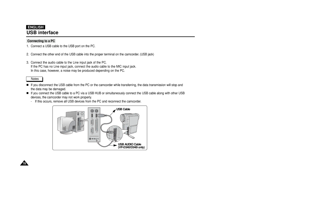 Samsung VP-D380, VP-D340 manual Connecting to a PC, USB Cable 