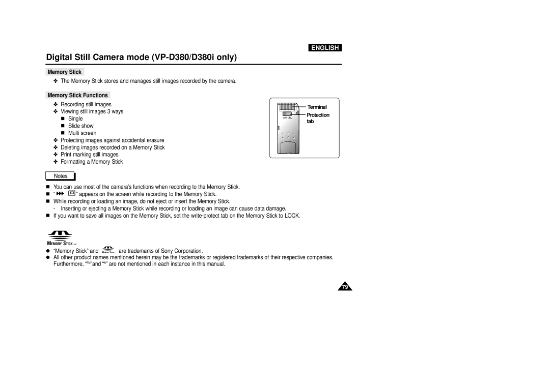 Samsung VP-D340, VP-D380 manual Memory Stick Functions, Terminal 