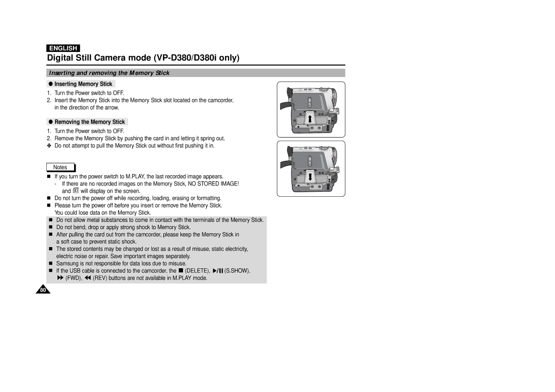 Samsung VP-D380, VP-D340 manual Inserting Memory Stick, Removing the Memory Stick 