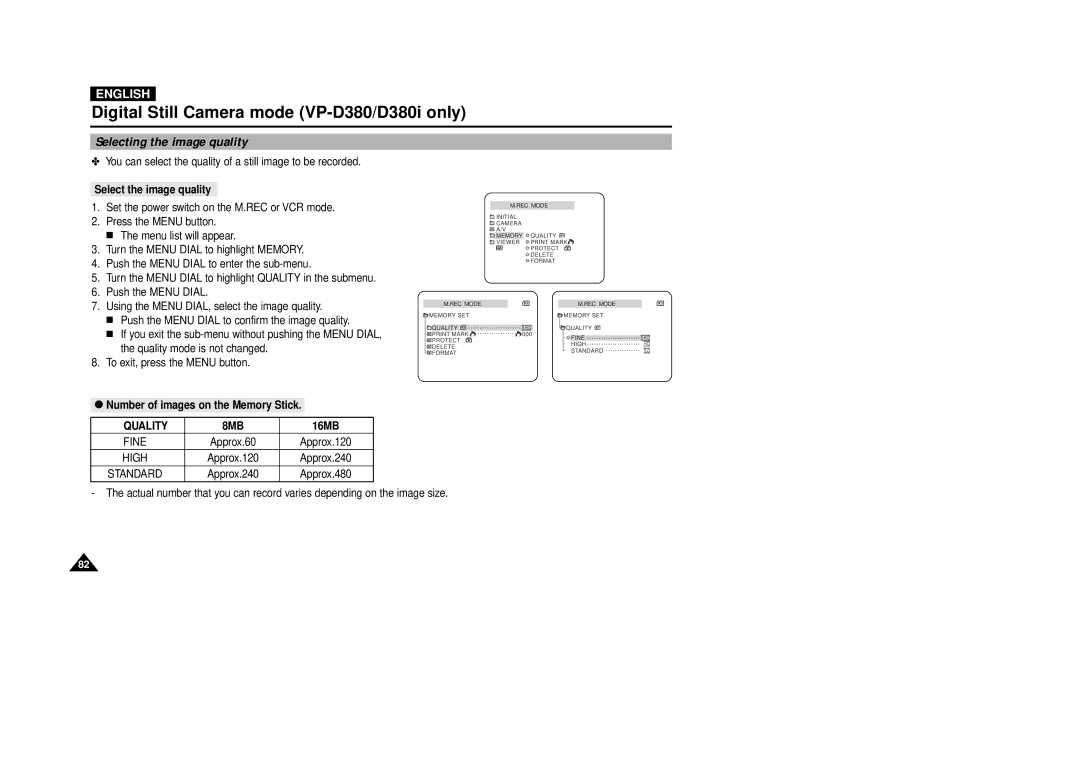 Samsung VP-D380, VP-D340 manual Select the image quality, Number of images on the Memory Stick, Quality, 16MB 