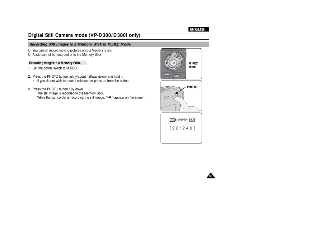 Samsung VP-D340, VP-D380 manual Recording Still images to a Memory Stick in M.REC Mode, Recording images to a Memory Stick 