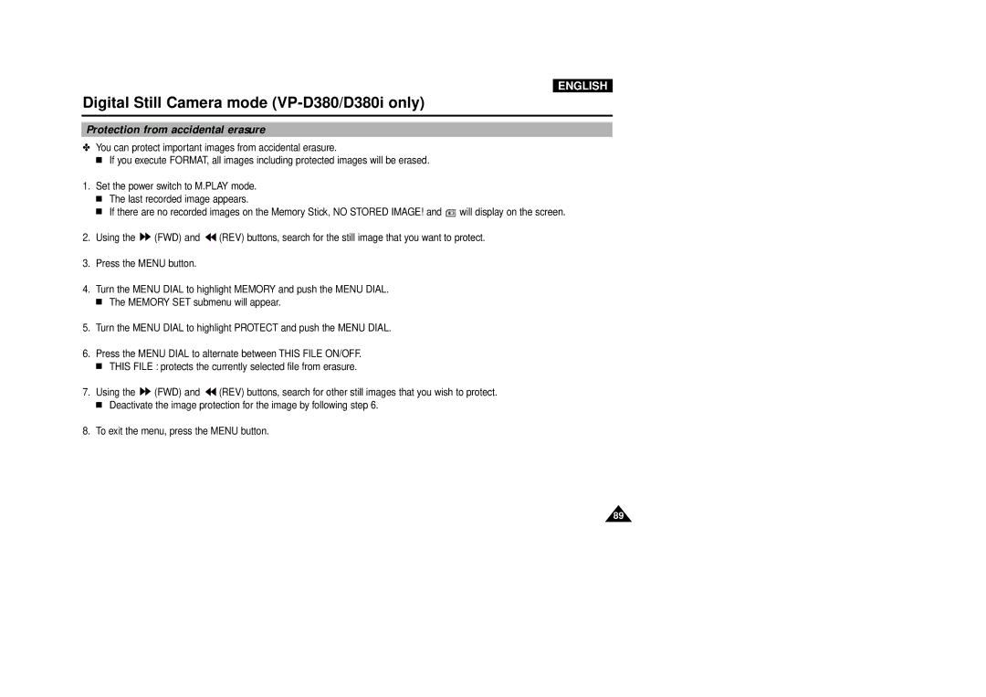 Samsung VP-D340, VP-D380 manual Protection from accidental erasure 