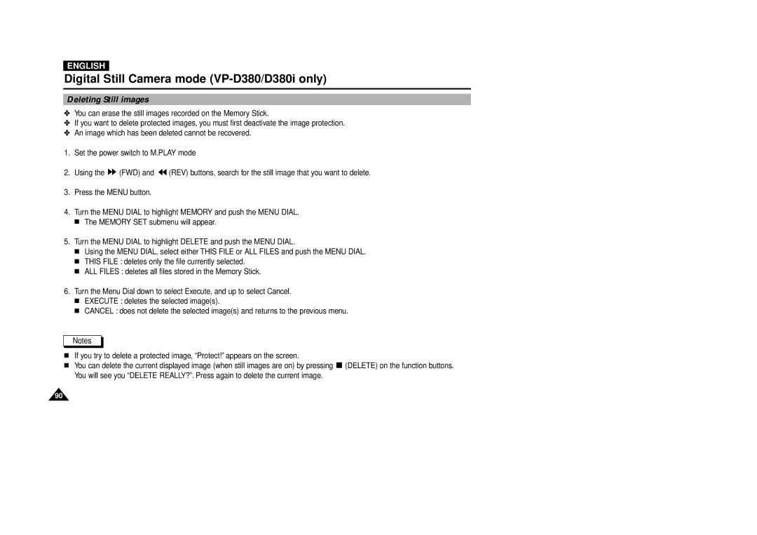 Samsung VP-D380, VP-D340 manual Deleting Still images 