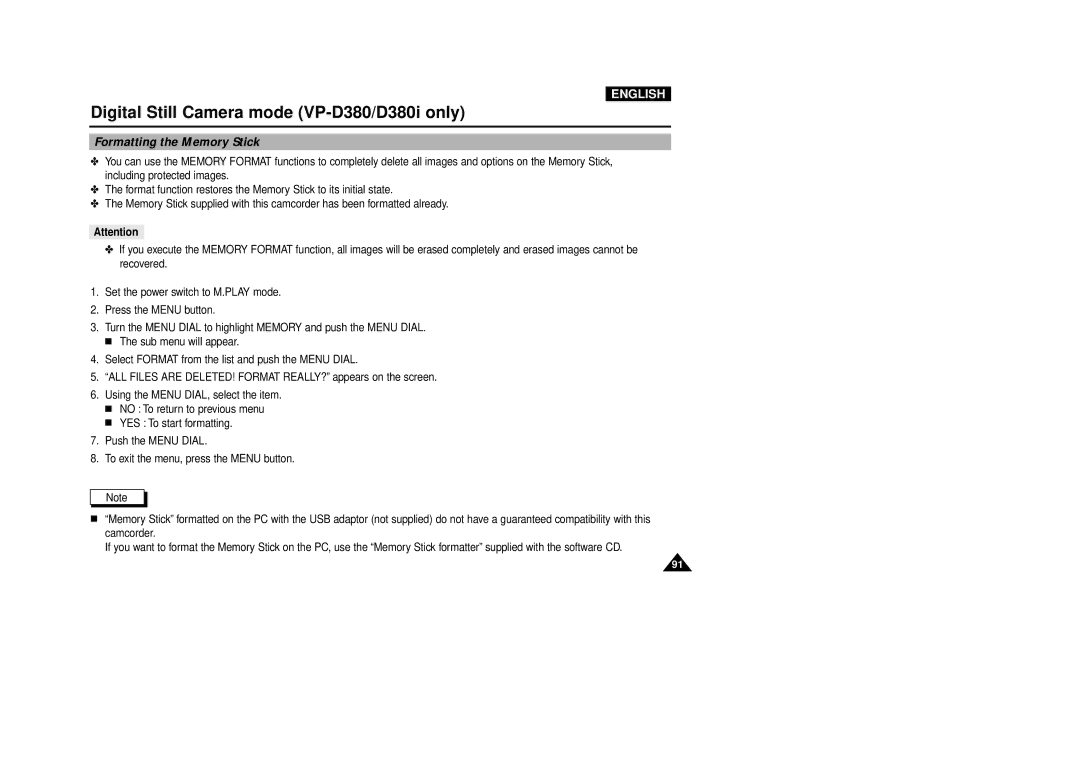 Samsung VP-D340, VP-D380 manual Formatting the Memory Stick 