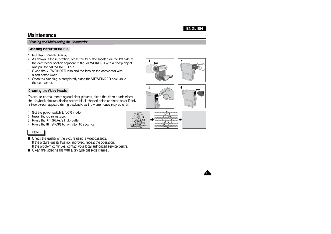 Samsung VP-D340, VP-D380 manual Cleaning and Maintaining the Camcorder, Cleaning the Viewfinder, Cleaning the Video Heads 