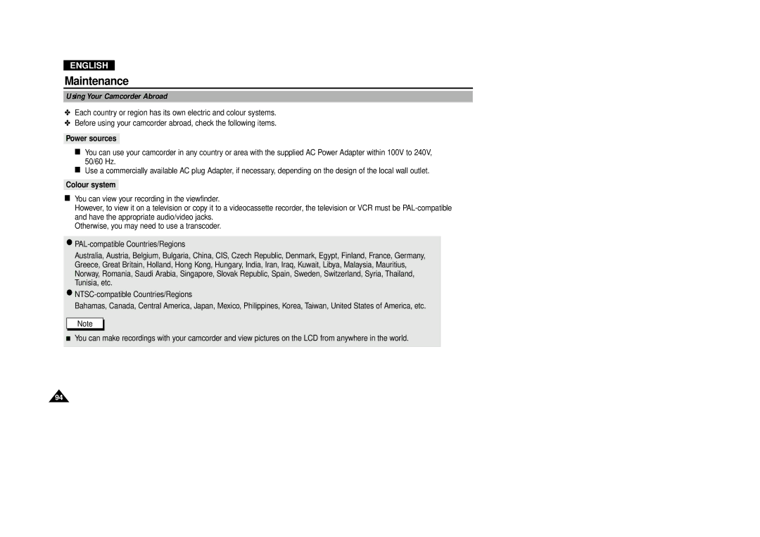 Samsung VP-D380, VP-D340 manual Using Your Camcorder Abroad, Power sources, Colour system 