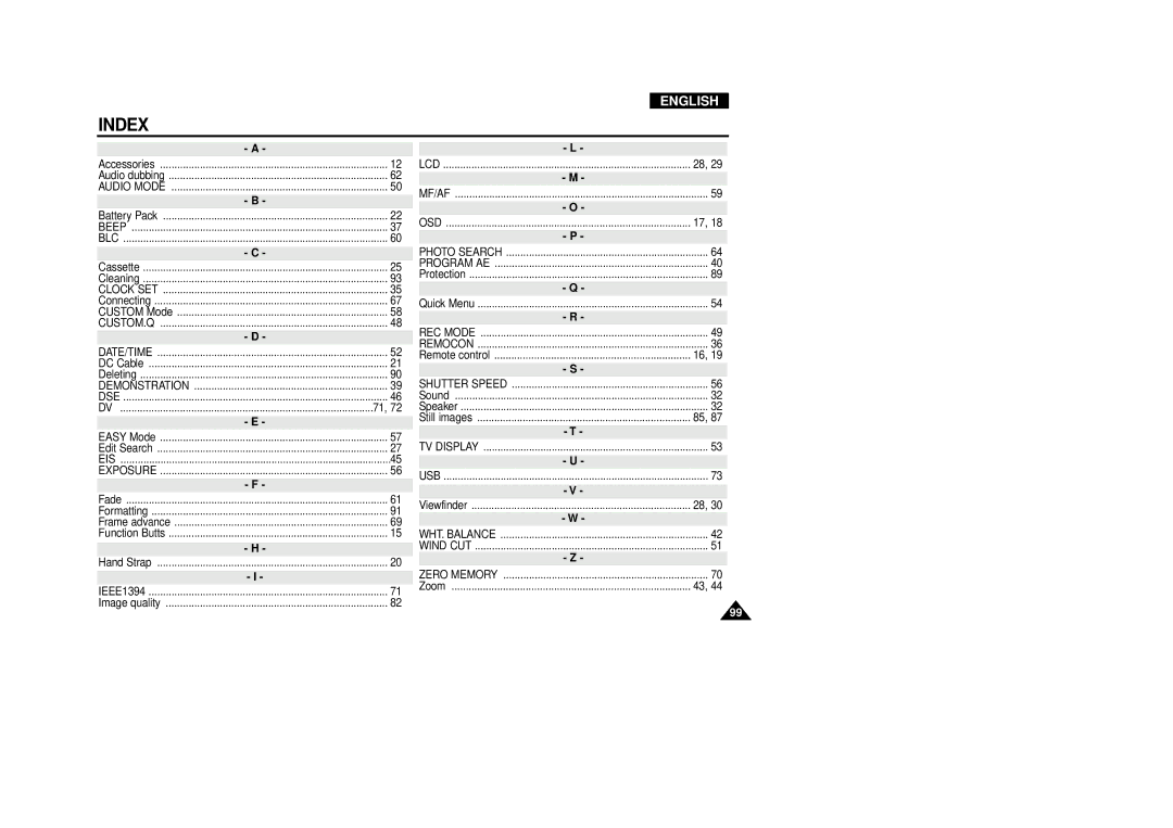 Samsung VP-D340, VP-D380 manual Index 