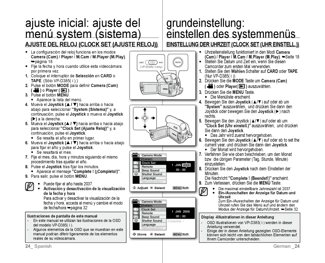 Samsung VP-D381/EDC, VP-D381/XEF, VP-D382/EDC, VP-D381/CAN manual Ajuste DEL Reloj Clock SET Ajuste Reloj 