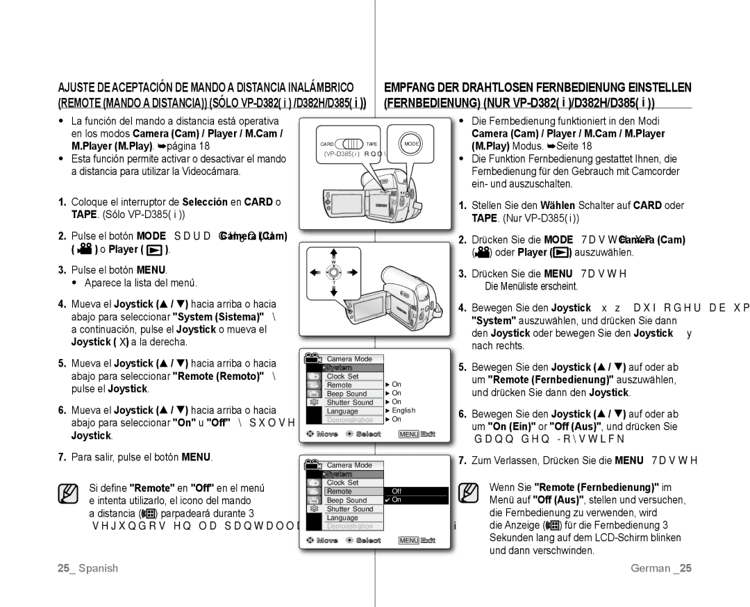 Samsung VP-D381/XEF manual Fernbedienung nur VP-D382 i /D382H/D385, Pulse el botón Mode para definir Camera Cam  o Player 