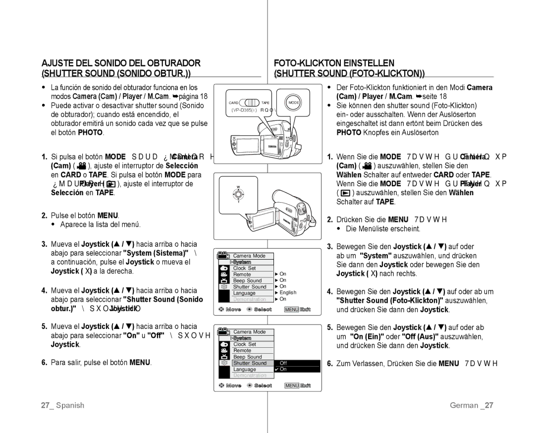 Samsung VP-D381/CAN, VP-D381/EDC manual FOTO-KLICKTON Einstellen  Shutter Sound Foto-Klickton, Cam / Player / M.Cam . seite 