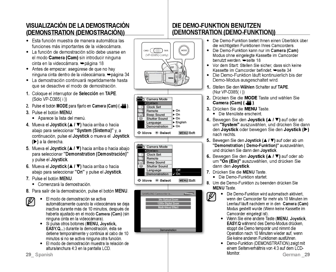 Samsung VP-D381/XEF manual Die Demo-Funktion benutzen , Demonstration Demo-Funktion, Visualización DE LA Demostración 