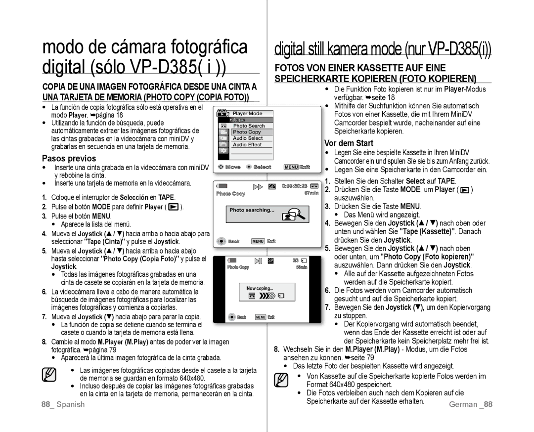 Samsung VP-D381/EDC Fotos VON Einer Kassette AUF Eine, Speicherkarte Kopieren Foto Kopieren, Vor dem Start, Pasos previos 