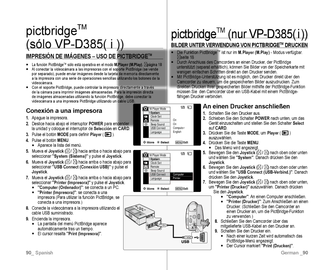 Samsung VP-D382/EDC, VP-D381/EDC manual PictbridgeTM, Sólo VP-D385, An einen Drucker anschließen, Conexión a una impresora 