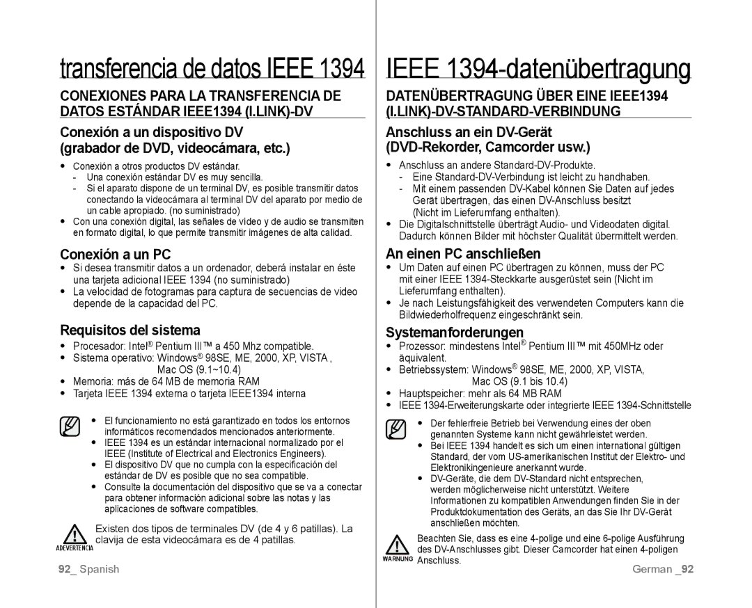 Samsung VP-D381/EDC, VP-D381/XEF Conexión a un PC, Requisitos del sistema, An einen PC anschließen, Systemanforderungen 