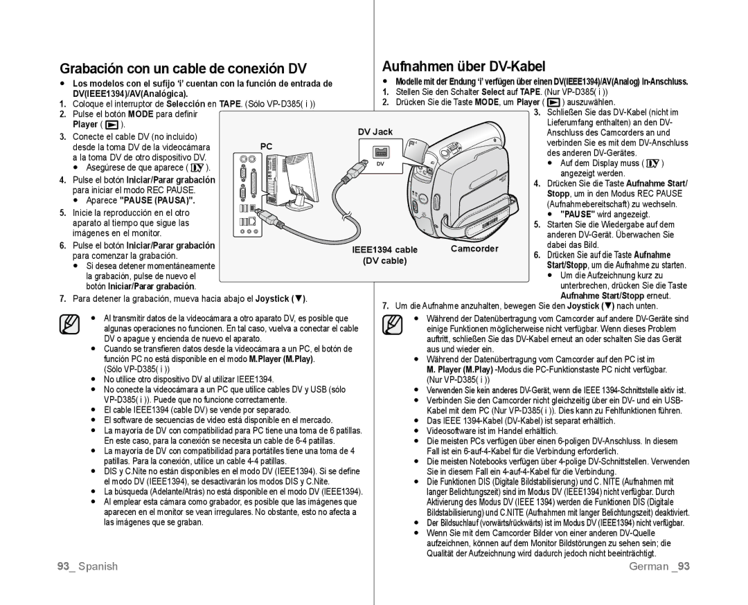 Samsung VP-D381/XEF, VP-D381/EDC, VP-D382/EDC, VP-D381/CAN Grabación con un cable de conexión DV, Aufnahmen über DV-Kabel 