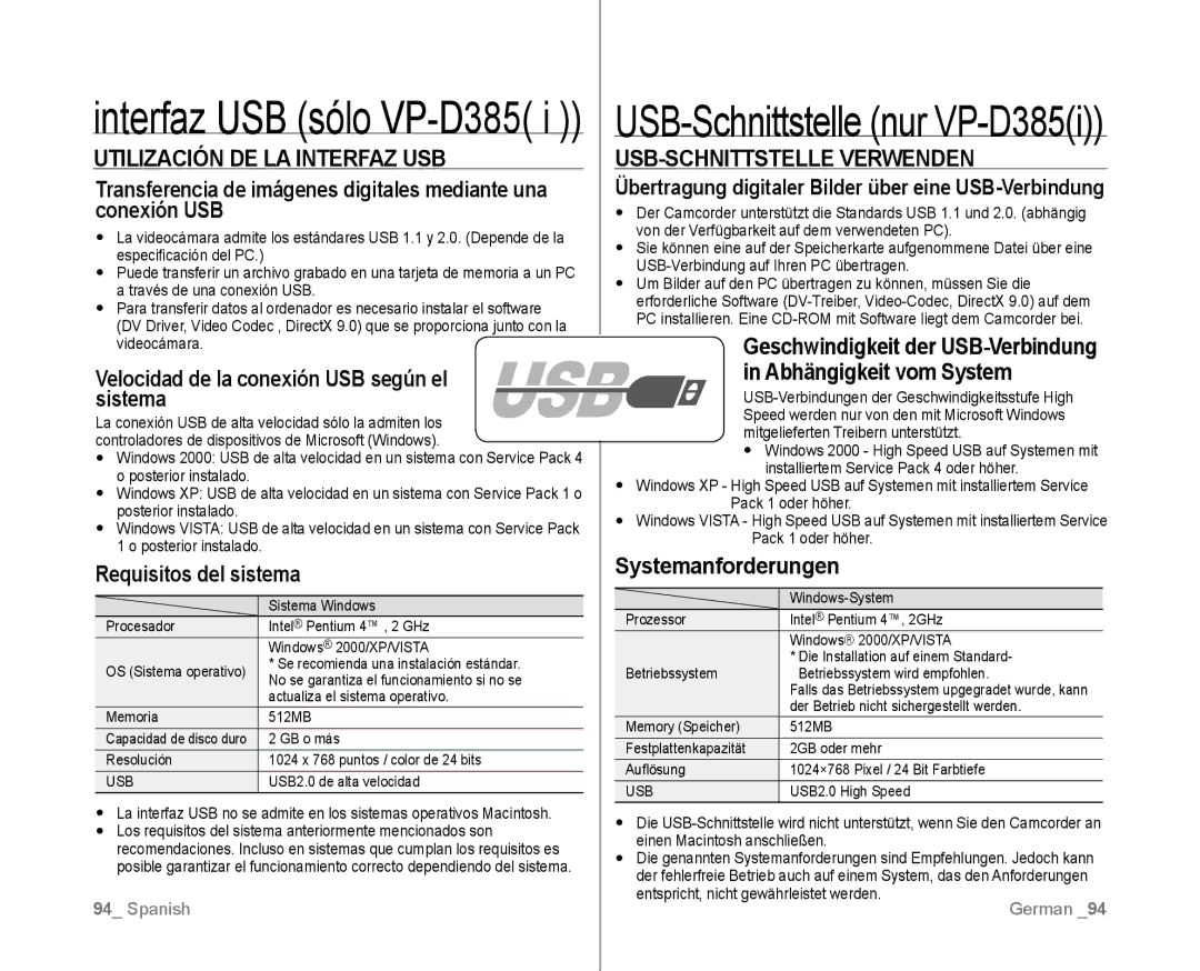 Samsung VP-D382/EDC, VP-D381/EDC, VP-D381/XEF manual Utilización DE LA Interfaz USB USB-SCHNITTSTELLE Verwenden, Conexión USB 