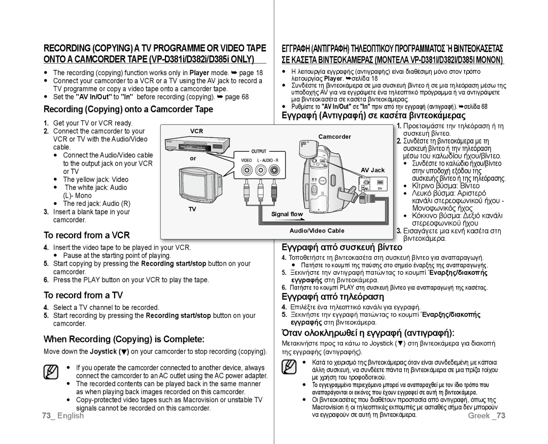 Samsung VP-D381I/XER, VP-D381/EDC manual Recording Copying onto a Camcorder Tape, Εγγραφή Αντιγραφή σε κασέτα βιντεοκάμερας 