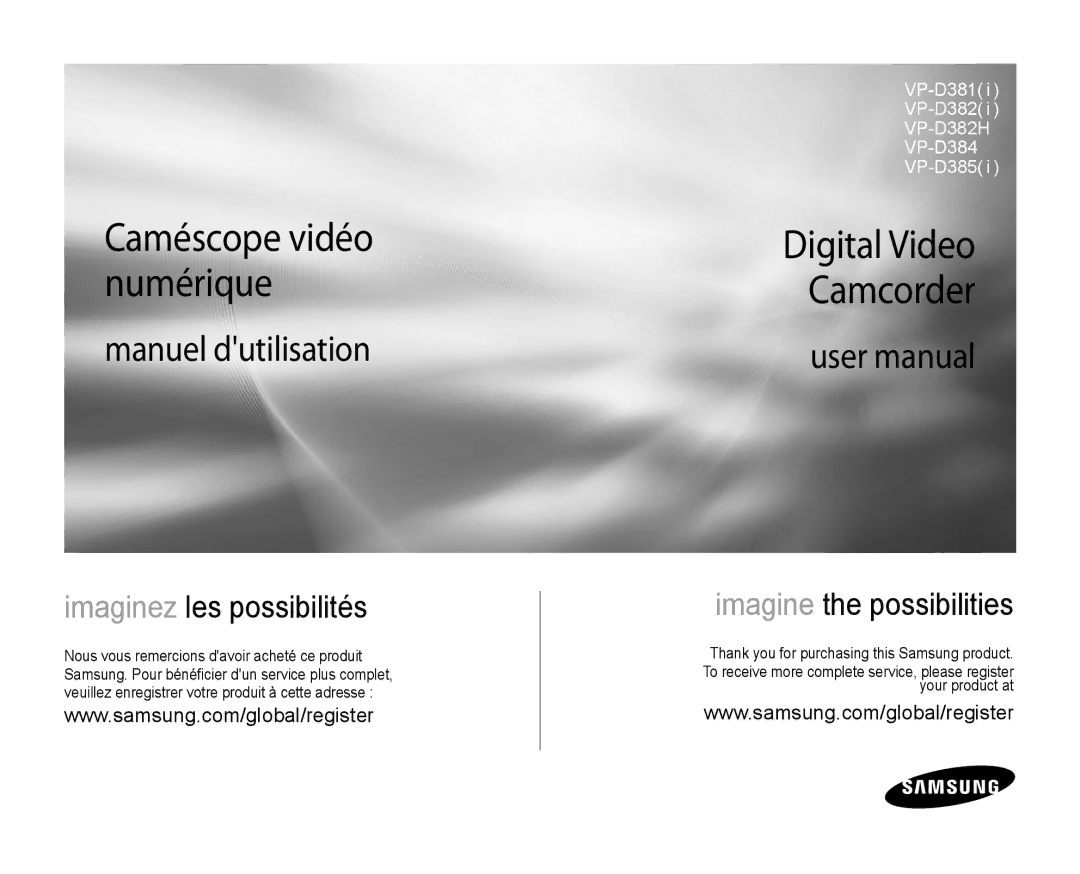 Samsung VP-D381/XEF, VP-D381/EDC, VP-D385I/MEA, VP-D382H/XEF manual Digital Video Camcorder, Caméscope vidéo numérique 