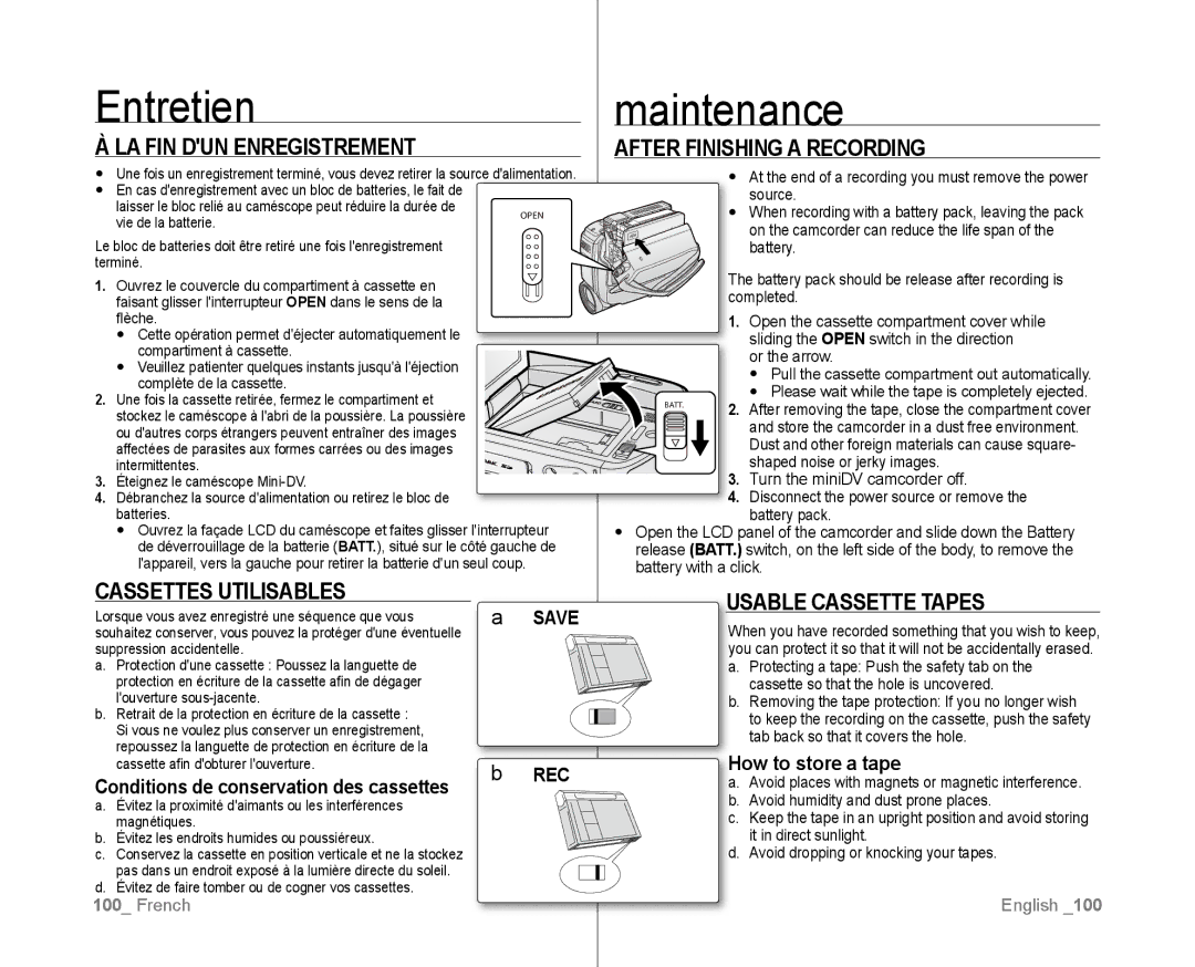 Samsung VP-D381/EDC Entretienmaintenance, LA FIN DUN Enregistrement, After Finishing a Recording, Cassettes Utilisables 