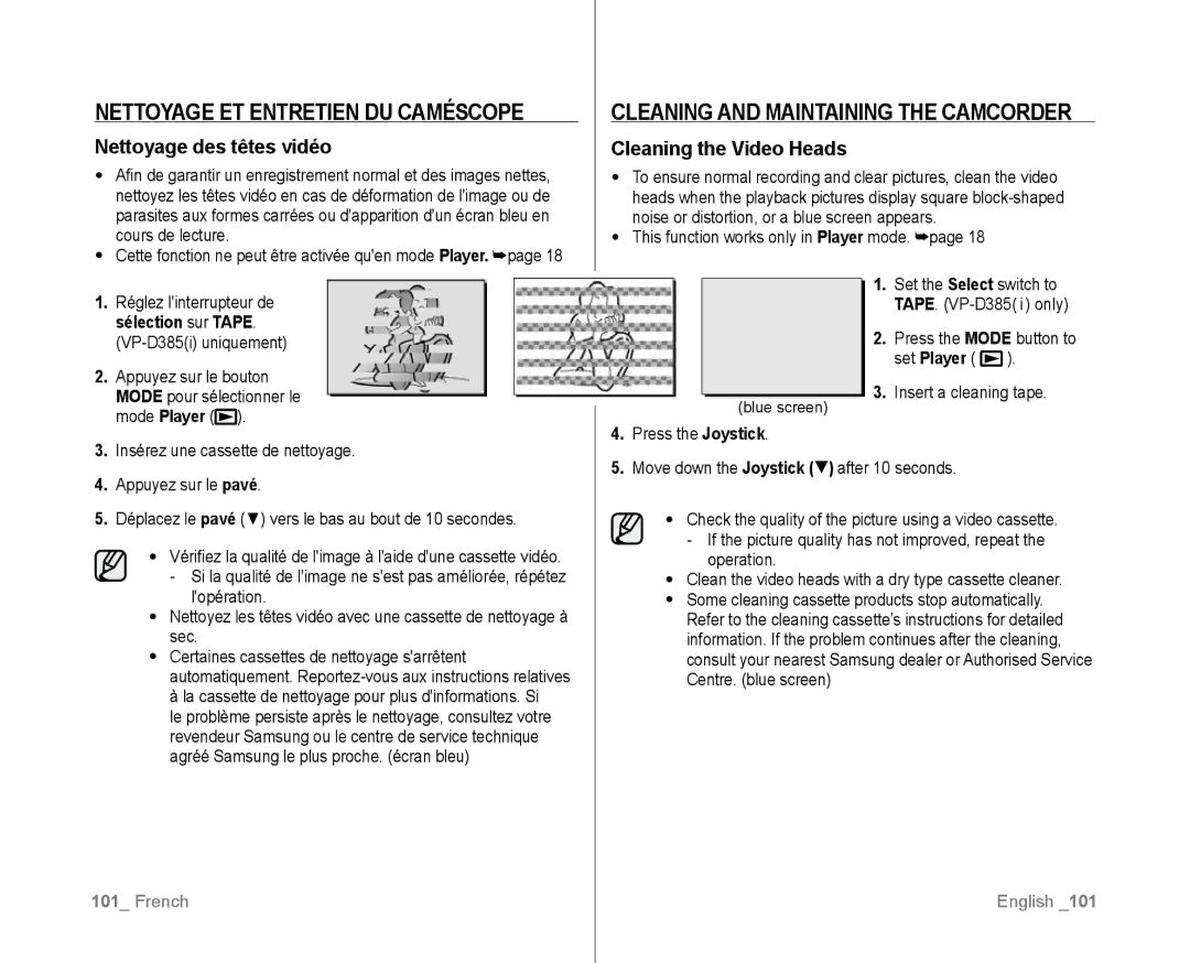 Samsung VP-D381/XEF Nettoyage ET Entretien DU Caméscope, Cleaning and Maintaining the Camcorder, Nettoyage des têtes vidéo 