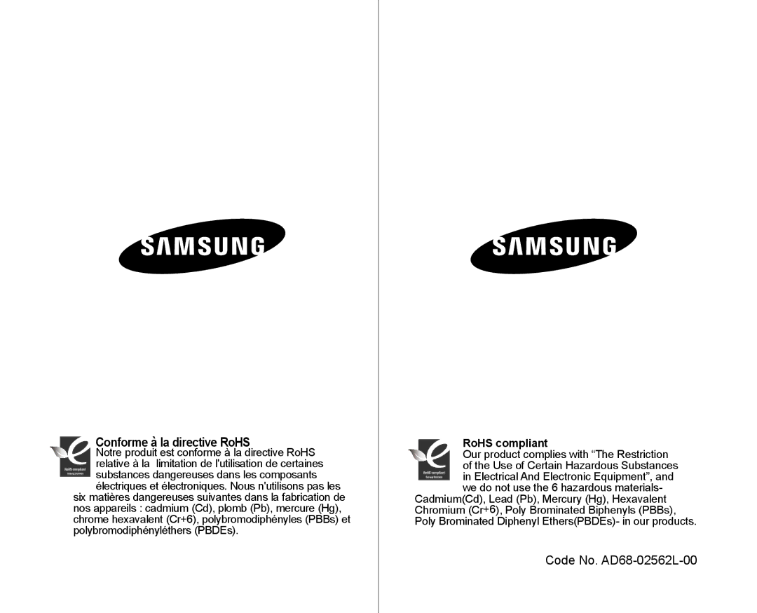 Samsung VP-D381/EDC, VP-D381/XEF, VP-D385I/MEA, VP-D382H/XEF, VP-D382/EDC manual Conforme à la directive RoHS, RoHS compliant 