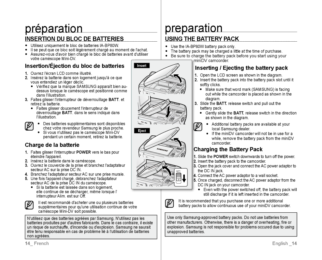 Samsung VP-D381/CAN manual Insertion DU Bloc DE Batteries, Insertion/Éjection du bloc de batteries, Charge de la batterie 